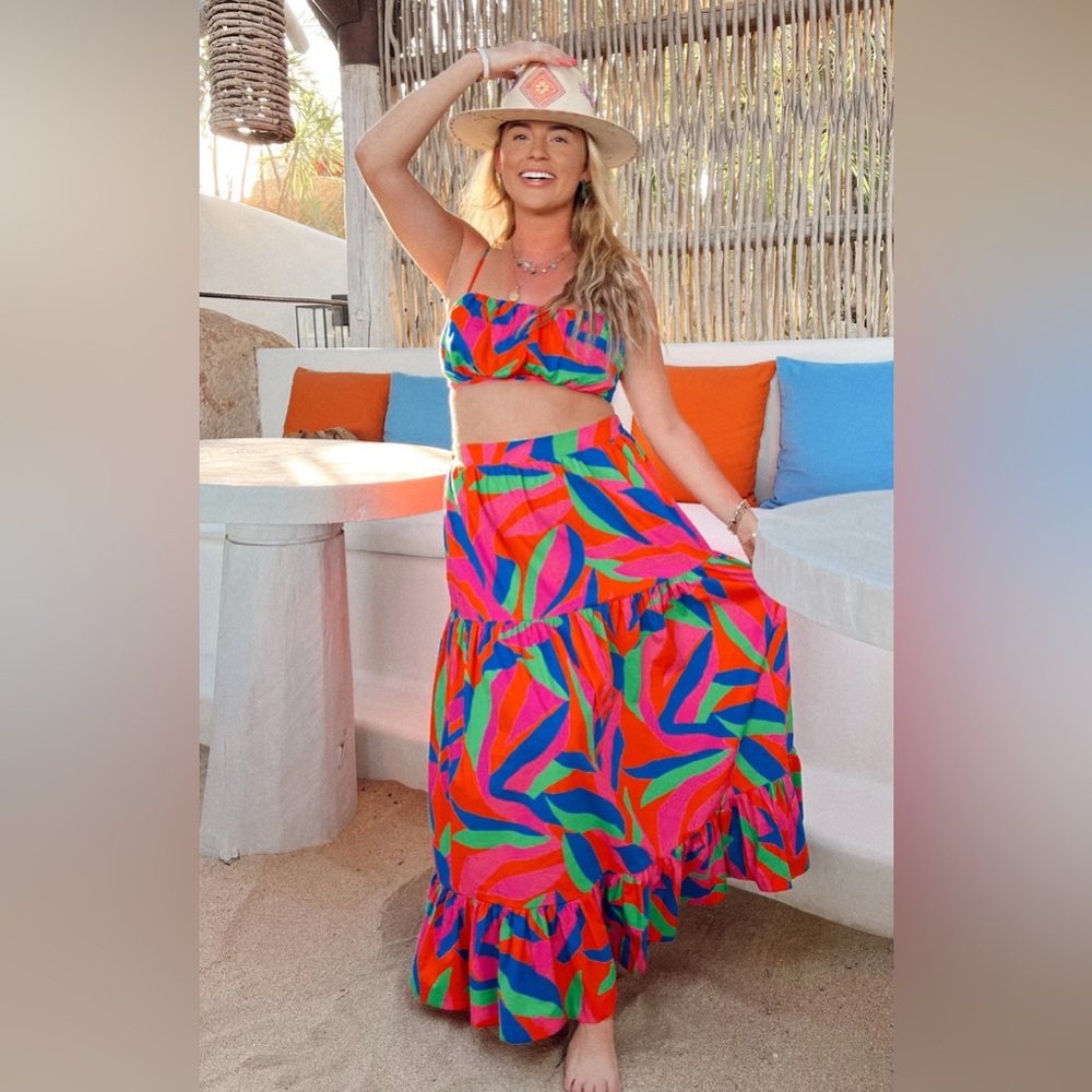Show Me Your MuMu Bright Multicolor Leaf Print Two-Piece Maxi Skirt Set